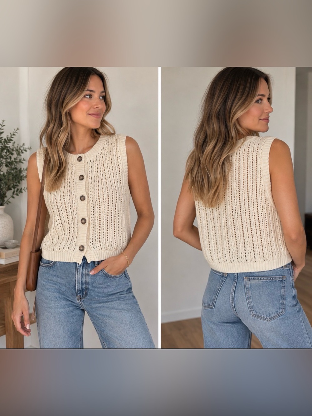 Workshop Republic Clothing Cream Open-Stitch Button Vest